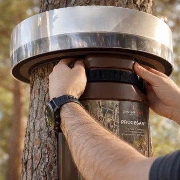 Instalação de armadilha ecológica Procesan no tronco de um pinheiro para controlo da processionária