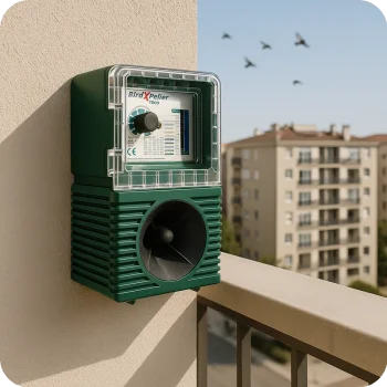 Espanta Pássaros Sonoro BirdXPeller PRO em varanda - Ecoced
