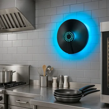 Insectocaçador preto Ecoced instalado na parede de uma cozinha profissional, com luz UV Synergetic acesa para controlo higiénico de moscas e insetos voadores.