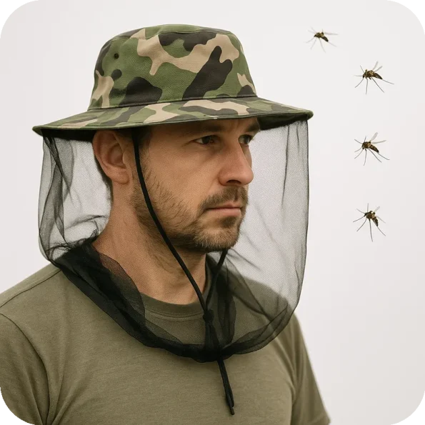 Homem com Chapéu Camuflado e Rede de Proteção Rodeado por Mosquitos | Ecoced - Ecoced