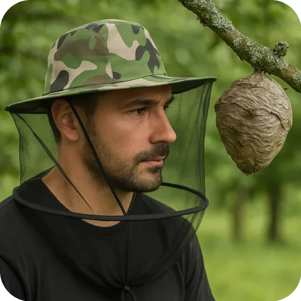 Homem com Chapéu Camuflado e Rede de Proteção Junto a Ninho de Vespas | Ecoced - Ecoced