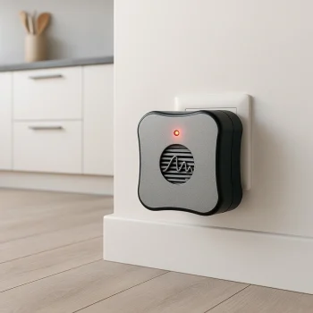 Repelente de ratos móvel Ecoced junto ao rodapé de cozinha moderna com fundo claro – proteção ecológica e silenciosa sem químicos.