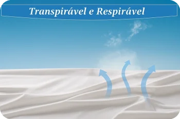 Banner com capa de colchão branca e setas azuis que mostram ventilação, com a frase Transpirável e Respirável
