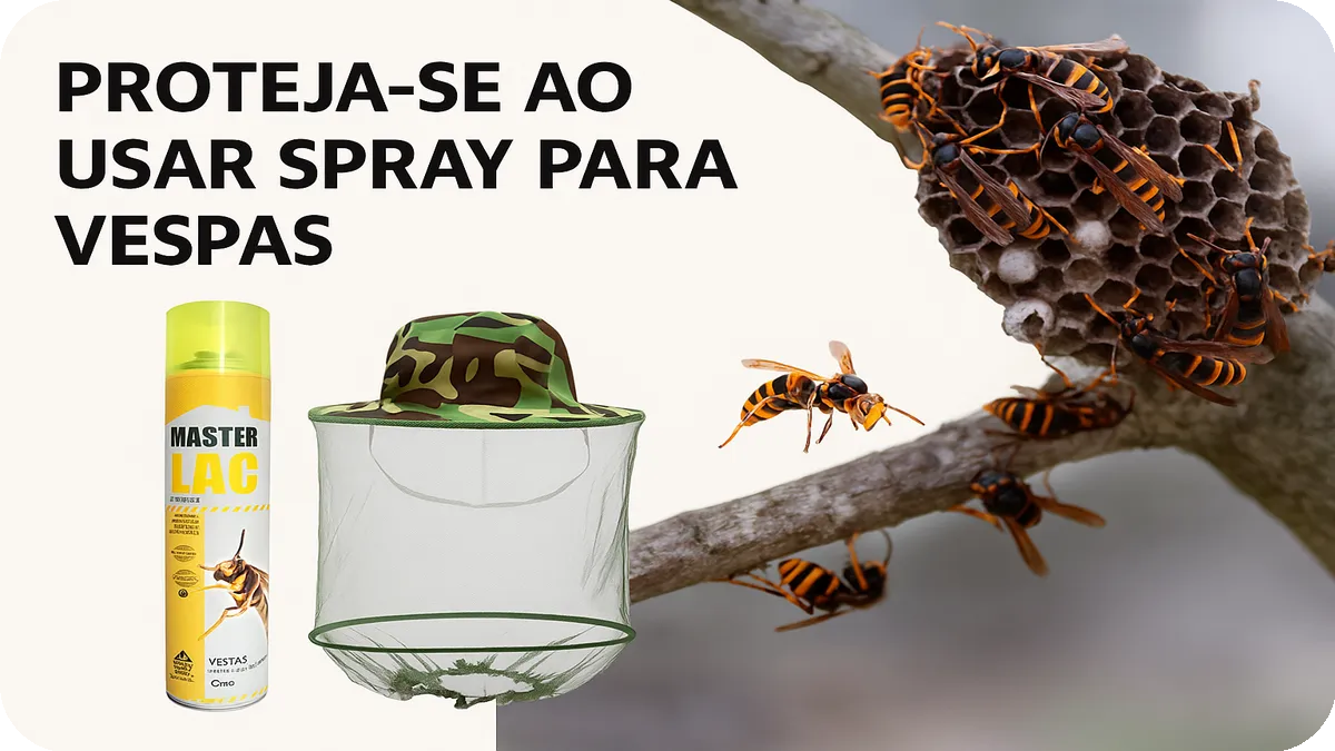 Homem com chapéu de proteção aplica spray para eliminar ninho de vespas em segurança