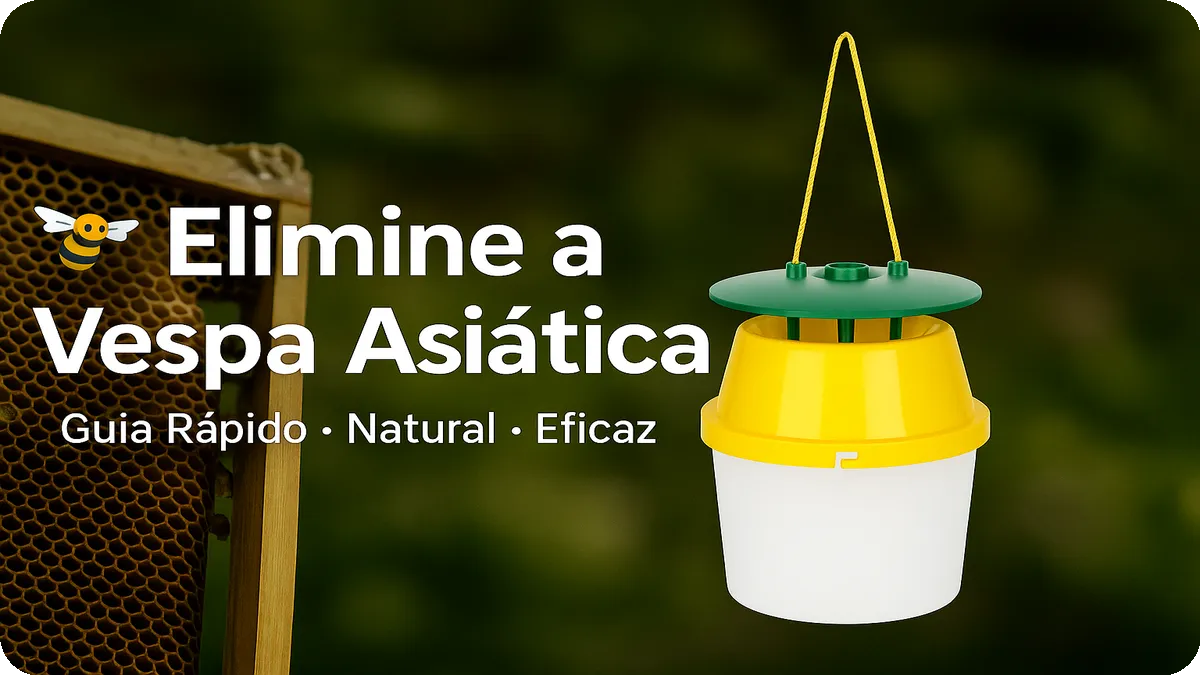 Thumbnail com mensagem “Elimine a Vespa Asiática” sobre fundo natural, com armadilha ecológica em destaque.