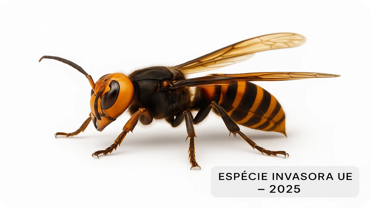 Vespa mandarinia com fundo branco e rótulo de espécie invasora UE, imagem destacada para artigo da Ecoced sobre controlo de pragas