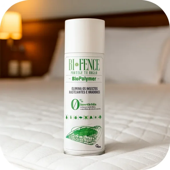 Spray sem inseticida BIFENCE 500 ml em uso em colchão de hotel - Ecoced