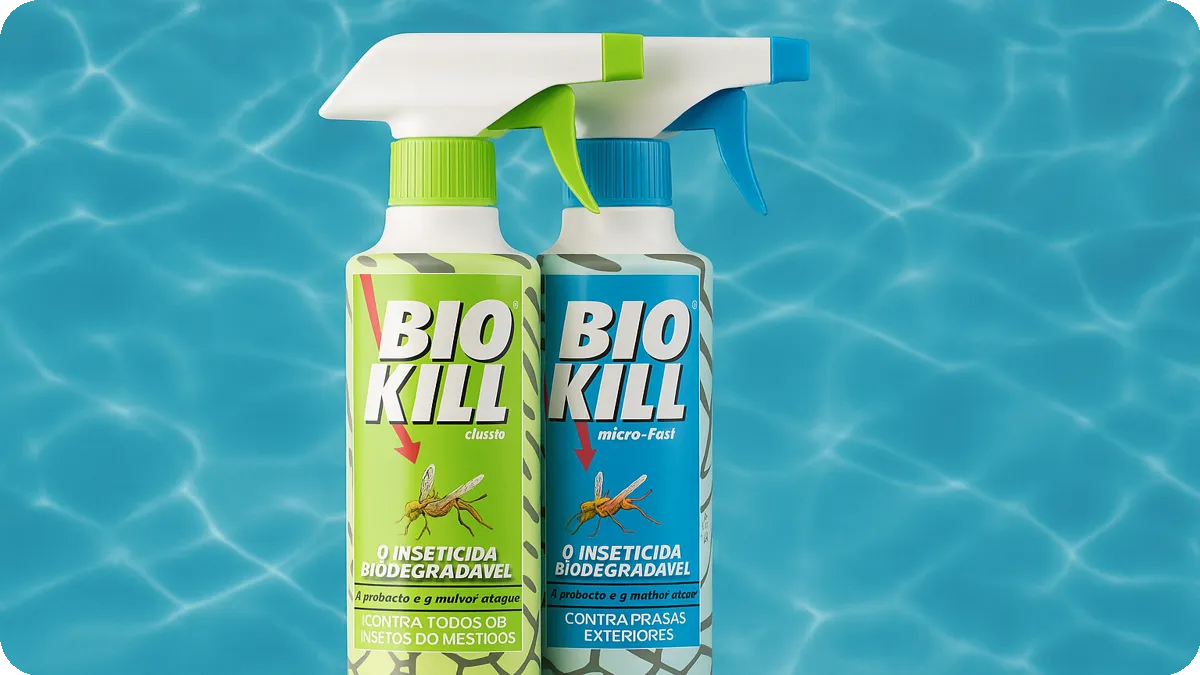 Spray Biokill Baratas em frasco de 500 ml ao lado de uma barata eliminada, produto biodegradável contra baratas em casa