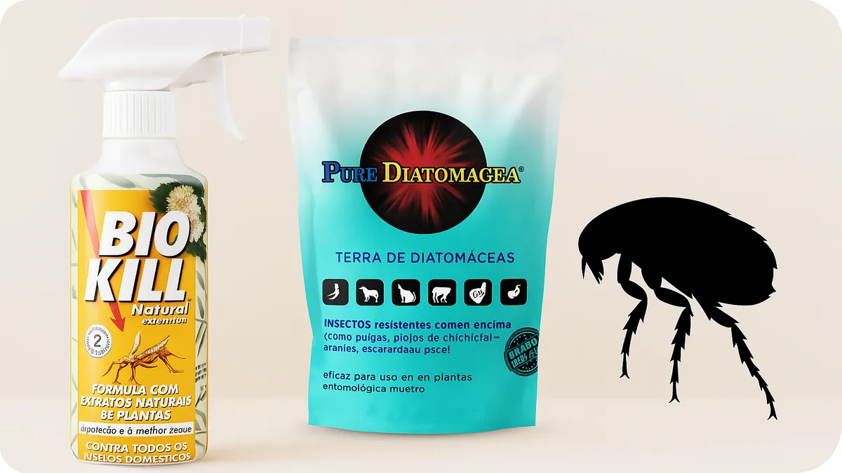 Frasco de Biokill Natural e embalagem de terra diatomácea lado a lado, com silhueta de pulga a destacar a função inseticida.