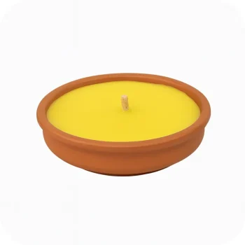Vela de citronela Ø14 em prato de barro terracota para afastar mosquitos em varandas e jardins.