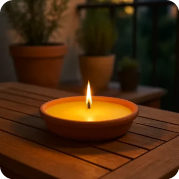 Vela de citronela Ø14 acesa em prato de barro terracota sobre mesa de varanda ao entardecer, protegendo contra mosquitos.